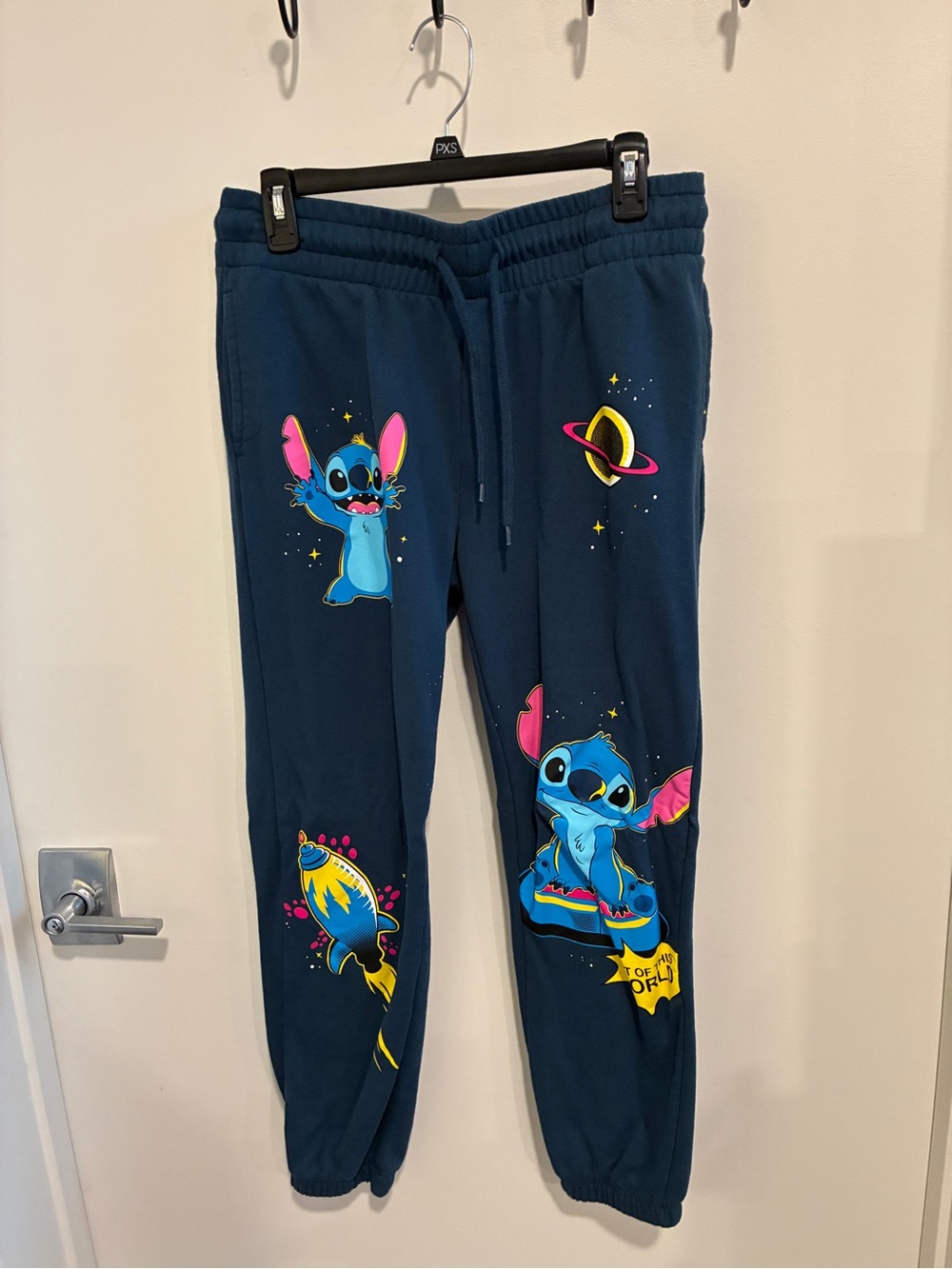 Disney Navy Blue Stitch Space Graphic Sweatpants with Pink & Yellow Accents